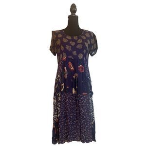 Lola P Bohemian Floral Print Maxi Dress with Leaf Pattern Short Sleeves, Medium